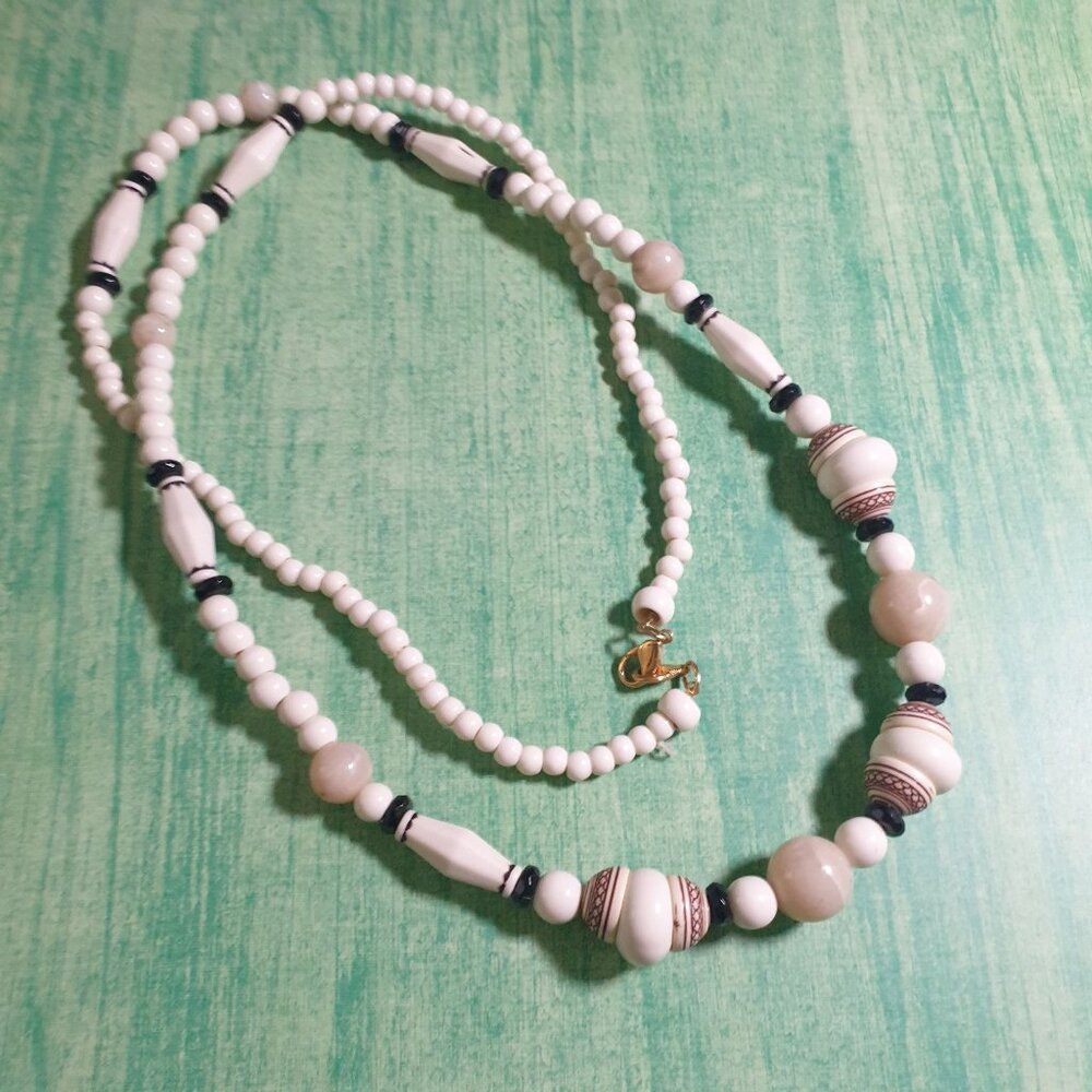 Vintage White Beaded Necklace Boho Island Beach Tribal Core 40" Length Gift